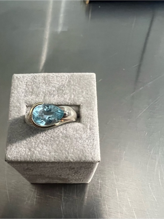 Jewelry - Sterling Silver Pear-Cut Blue Topaz Ring - Light Blue w/Gold Over Sterling Rim